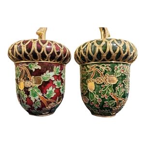 Enameled Cloisonne Lidded Acorn Boxes, Green/Gold, & Red/Gold, set of 2